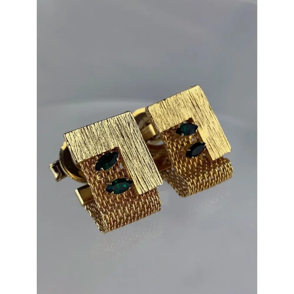 Modernist Block Green Rhinestones Gold Tone Mesh Wrap Cufflinks Vintage N1